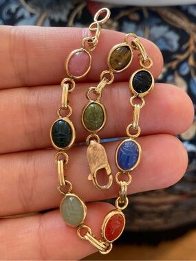 Vintage Van Dell 14K Gold-Filled Carved Gemstone Scarab Bracelet